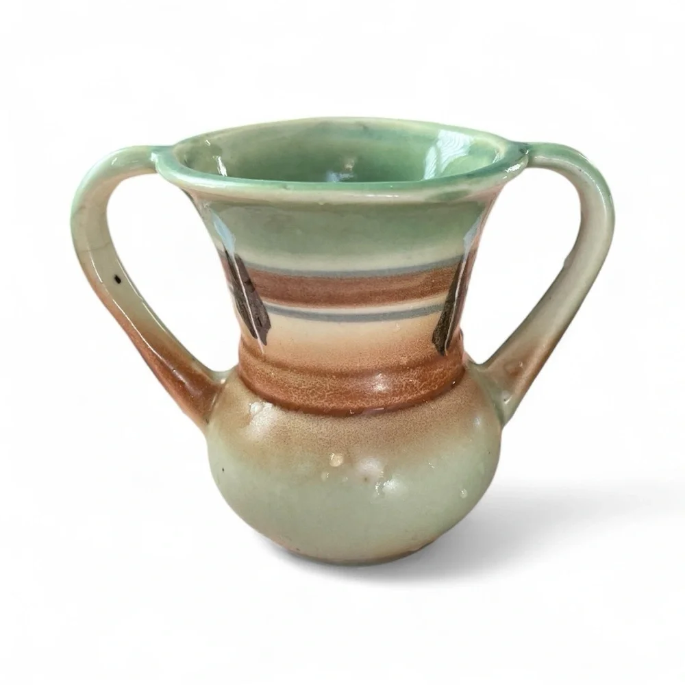 Art Deco Style Ceramic Vase Two Handles, Green & Brown.